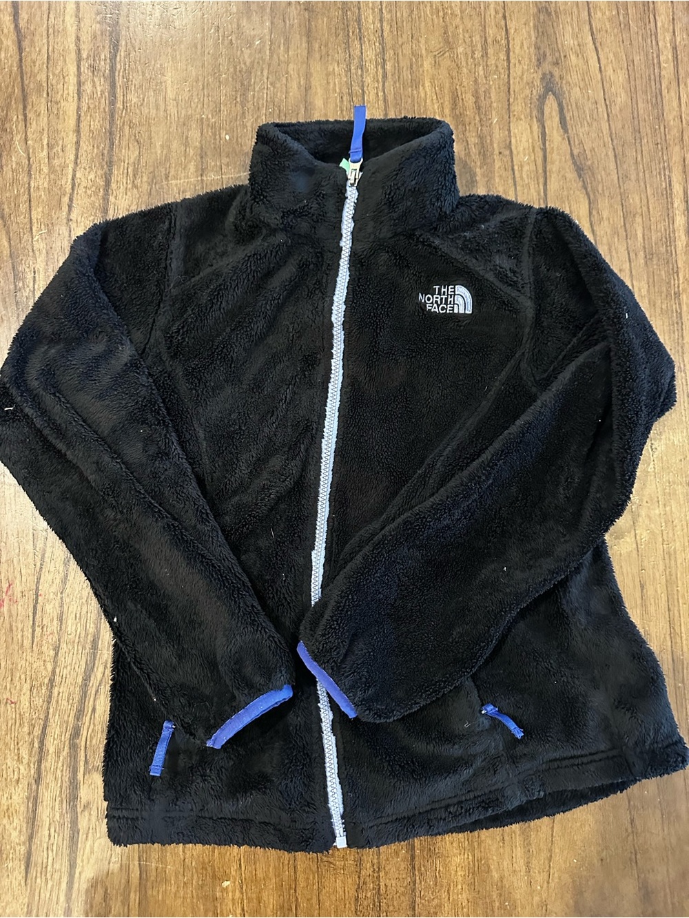 The North Face Girls M 10/12 Black Plush Fleece Full Zip Jacket Blue Accents